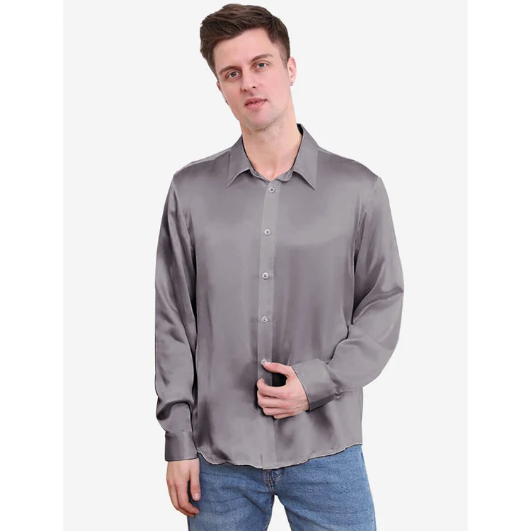 High quality luxury 100% mulberry silk shirt men custom logo business top silk shawls mens silk shirt
