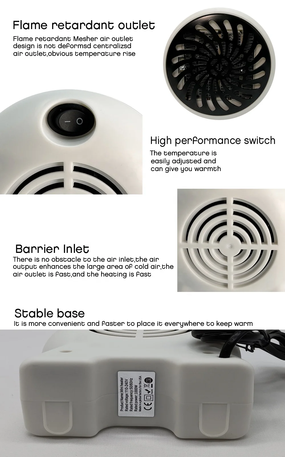 High Quality Safe Fast Heating Portable Room Heater Fan Winter Personal Home Space Electric heaters  Fan Heater