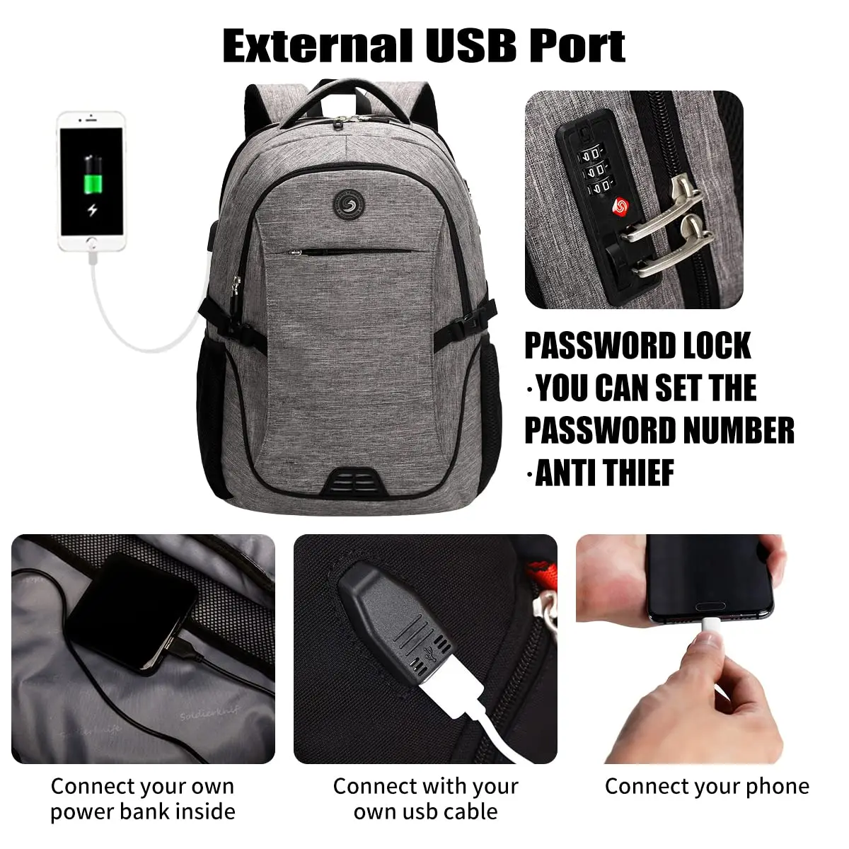 Durable Anti-Theft Travel Laptop Backpack USB Charging Port Slim Design Men Women College/School Computer Bag 17 Inch Notebook