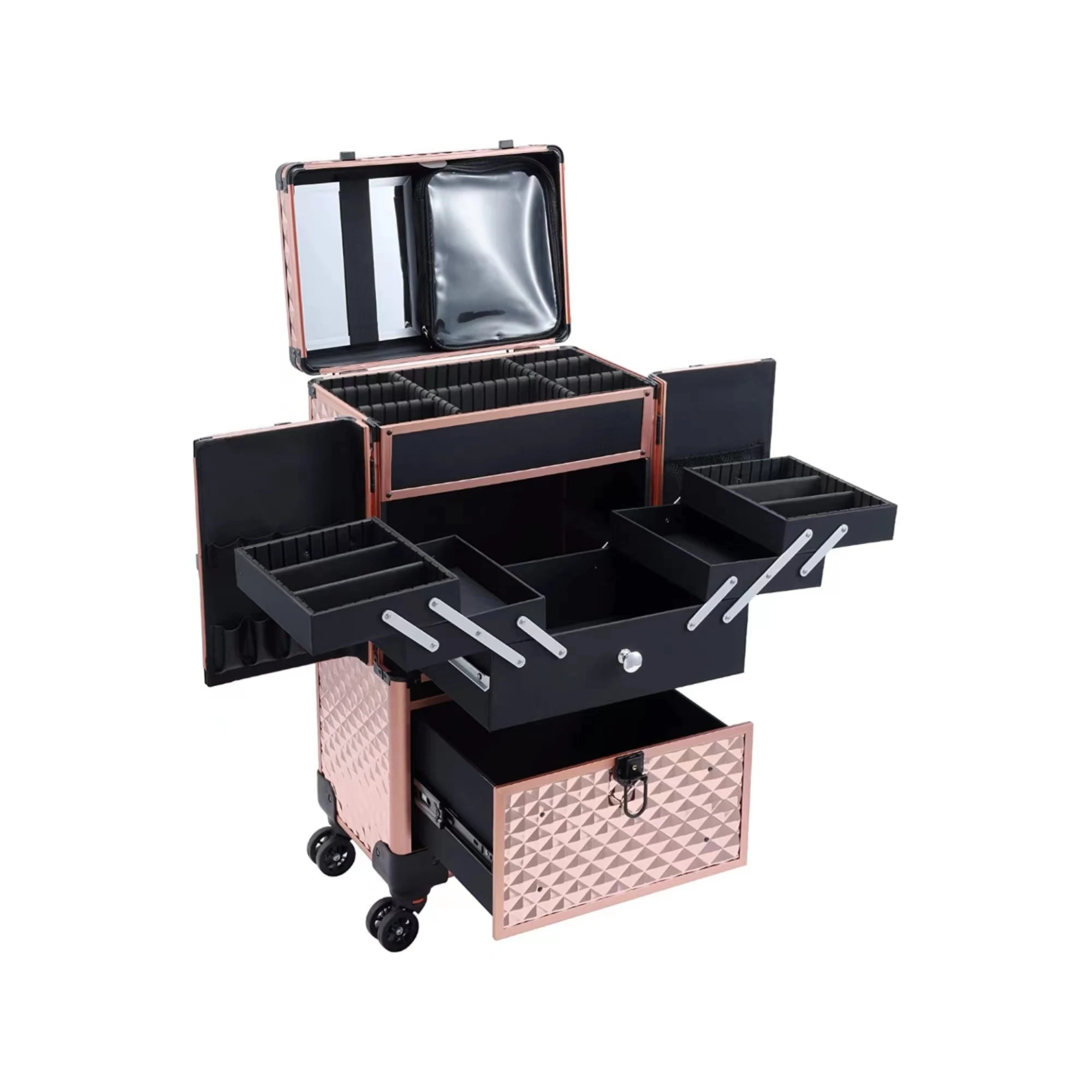 Rose Gold Makeup Case With Mirror Door Multi-layer Box Expandable Cosmetic Suitcase Train Kit For Salon Professional Beauty