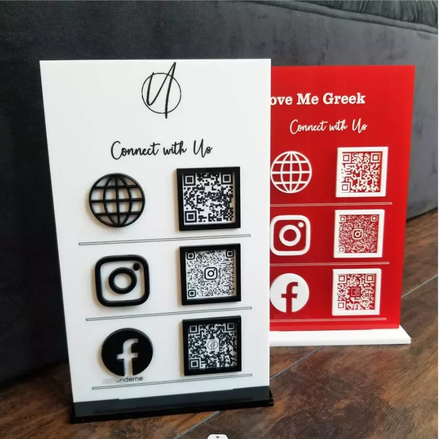Customize Tabletop Acrylic or wooden Facebook Ins Plaque Gold Qr Code Beauty Sign Business Social Media Sign With Stand