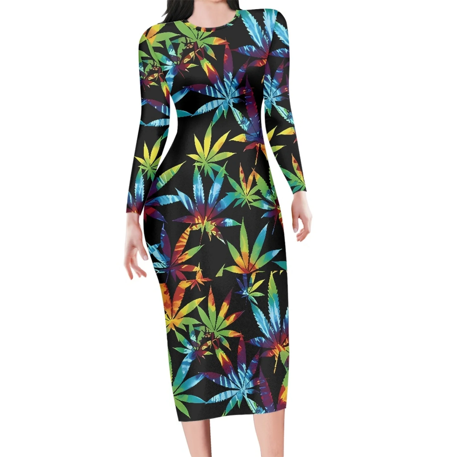 High Quality Spring Autumn Women Long Sleeve Maxi Dresses Hawaiian Leaf Print Round Neck Elegant Dress Party Club Bodycon Dress