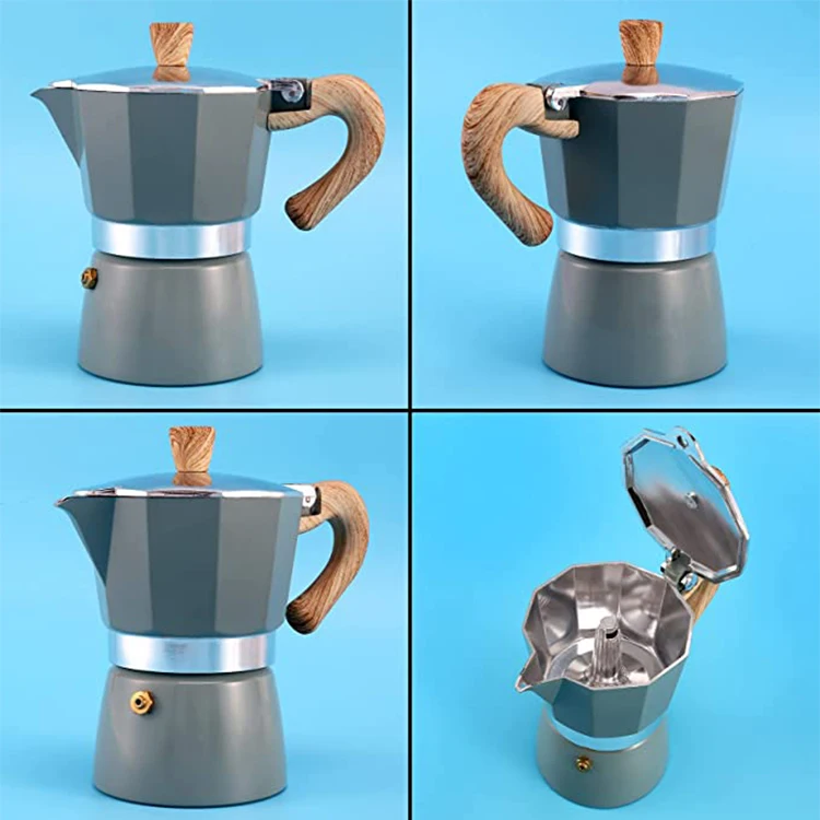New Design Easy Operate Wood Grain Handle Commercial Espresso Coffee Maker Moka Pot