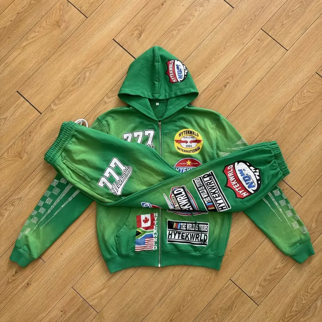 Streetwear Tracksuit Manufacturer French Terry Sweatsuit Custom Sweatpants And Hoodie Set Acid Wash Rhinestone Tracksuit For Men