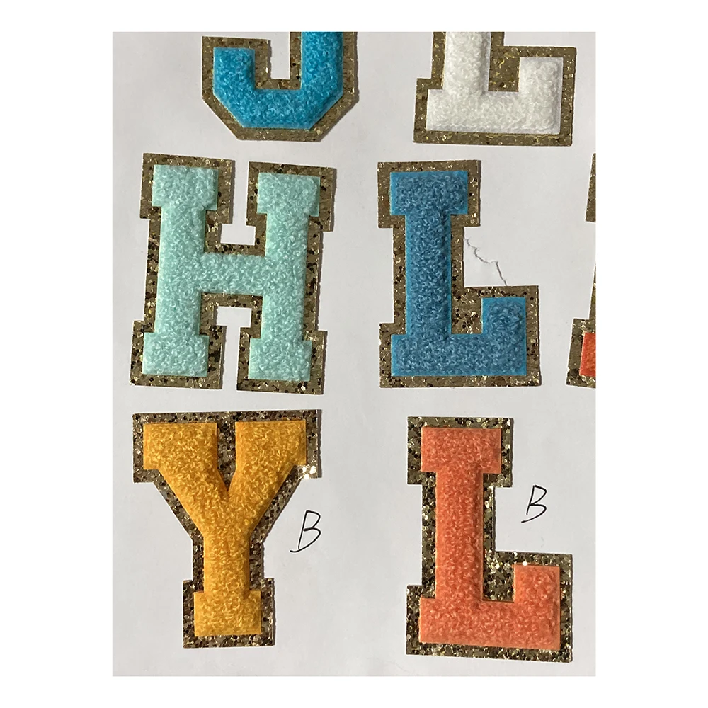 Custom Chenille Letters Alphabet Embroidery Small Greek White Heat Iron Varsity Black Glitter Patches Chenille Letters