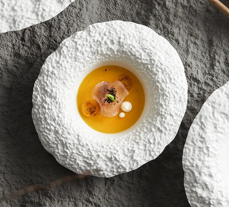 Hat Shape Hotel Wedding Restaurant Soup Plates Dinner Ceramic Porcelain Tableware with Rock Texture