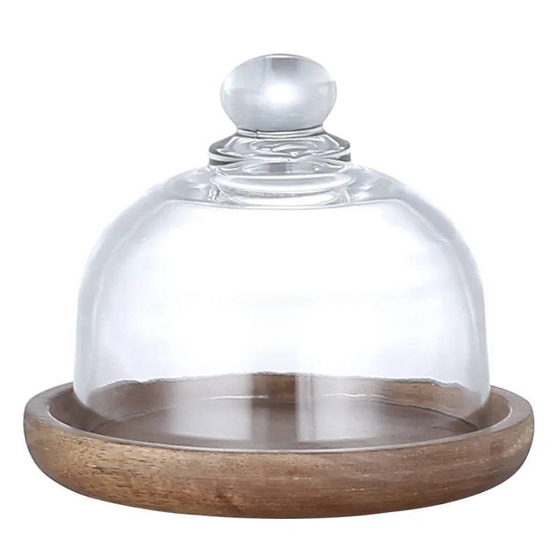 Custom Mini Round Dessert Plate Solid Wood Dessert Display Tray with Glass Dome Lid