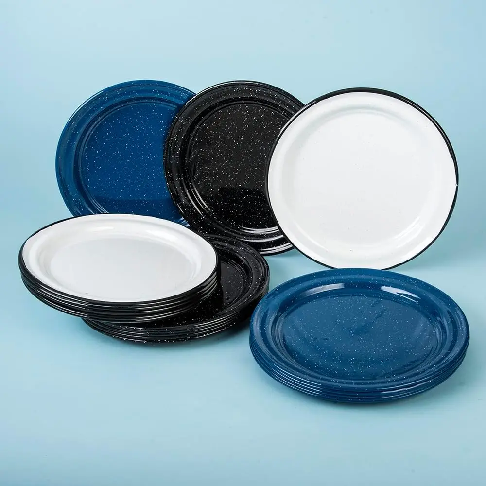 10 inch Kitchen Durable enamelware custom outdoor picnic camping black speckled enamel tin food serving dishes plate for Oven