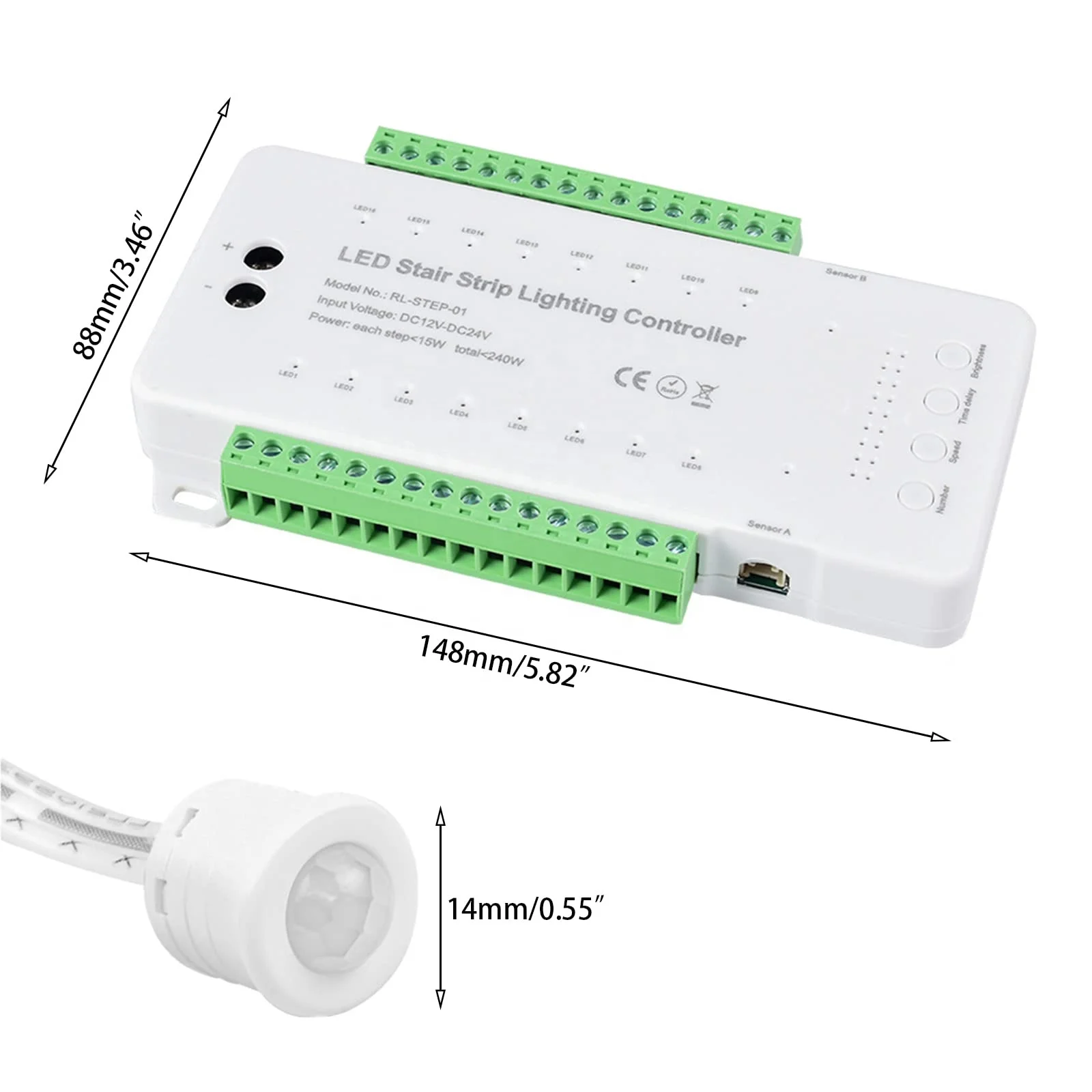 Staircase LED light controller, adjustable speed 16 channel LED motion sensor and brightness staircase lighting control system