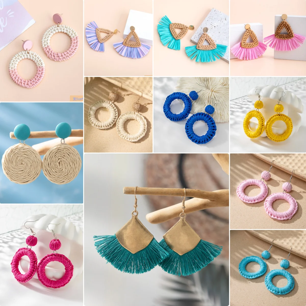 63 Design Bulk Beach Handmade Geometric Round Teardrop Boho Raffia Woven Earrings Weaved Rattan Fan Earrings
