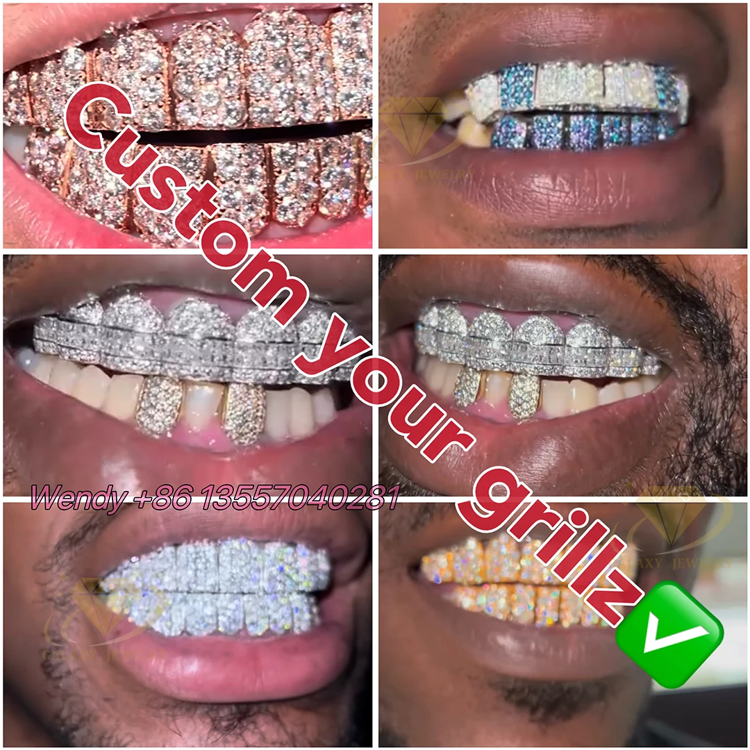 Hip Hop Teeth Jewelry Custom Dental Grillz VVS Moissanite 10 on 10 Full Bust Down Colorful CZ Diamonds Iced Out Shiny Grillz