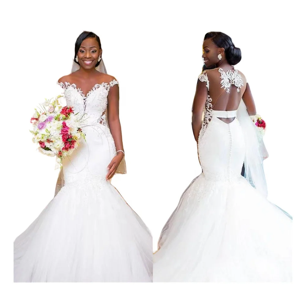 New Arrived 2023 Women Off Shoulder Wedding Dresses Mermaid  Embroidery Lace Illusion Beading Boho Black African Bride Gowns