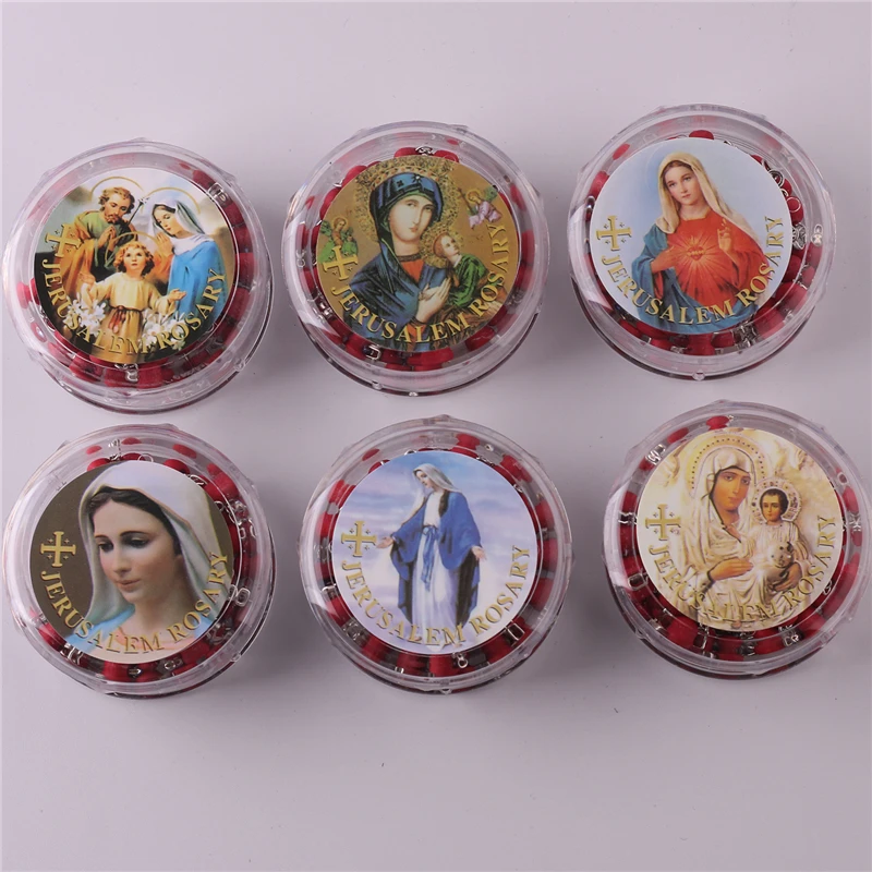 Religious Catholic Jewelry Charm Pendant Chain Necklaces 6mm Rose Scented Red Wooden Beads Rosary with Virgin Mary Box