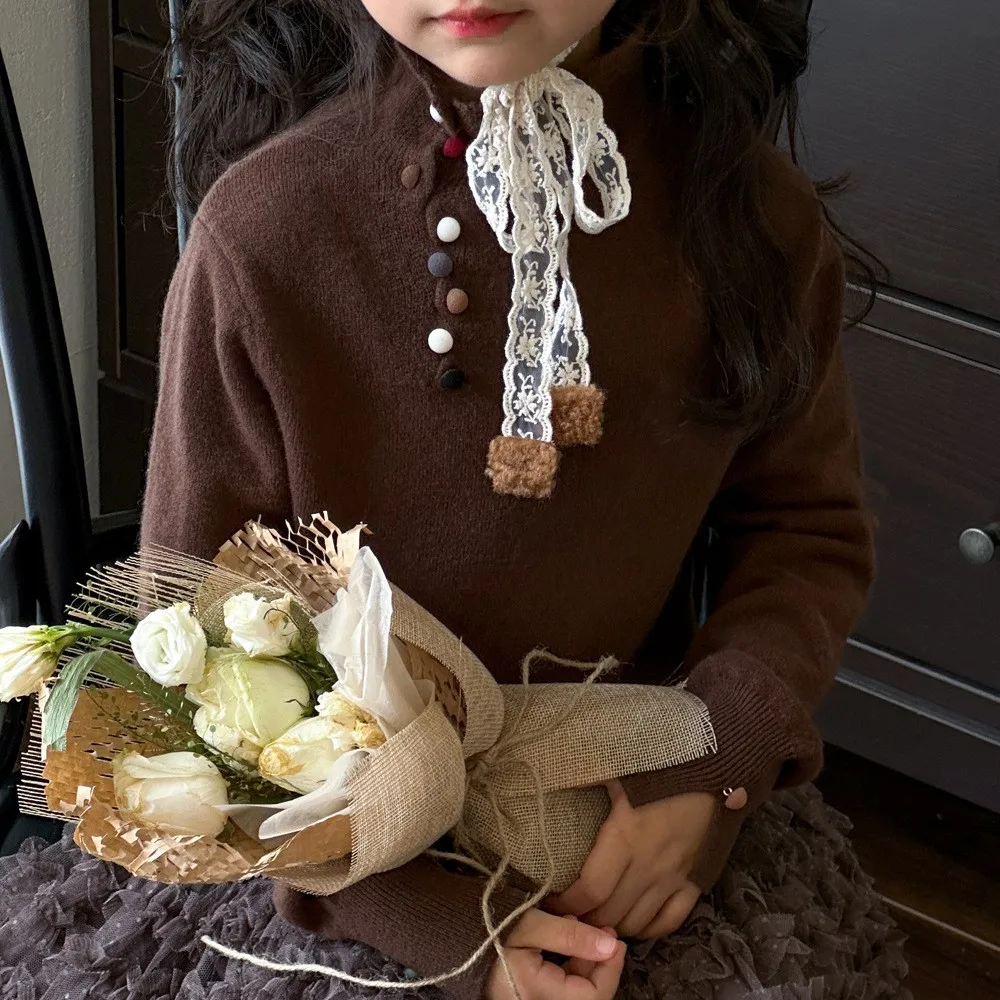 Wholesale casual knitted sweater for girls lovely long sleeve kids girl autumn shirts fashion pure color shirt for kids girls