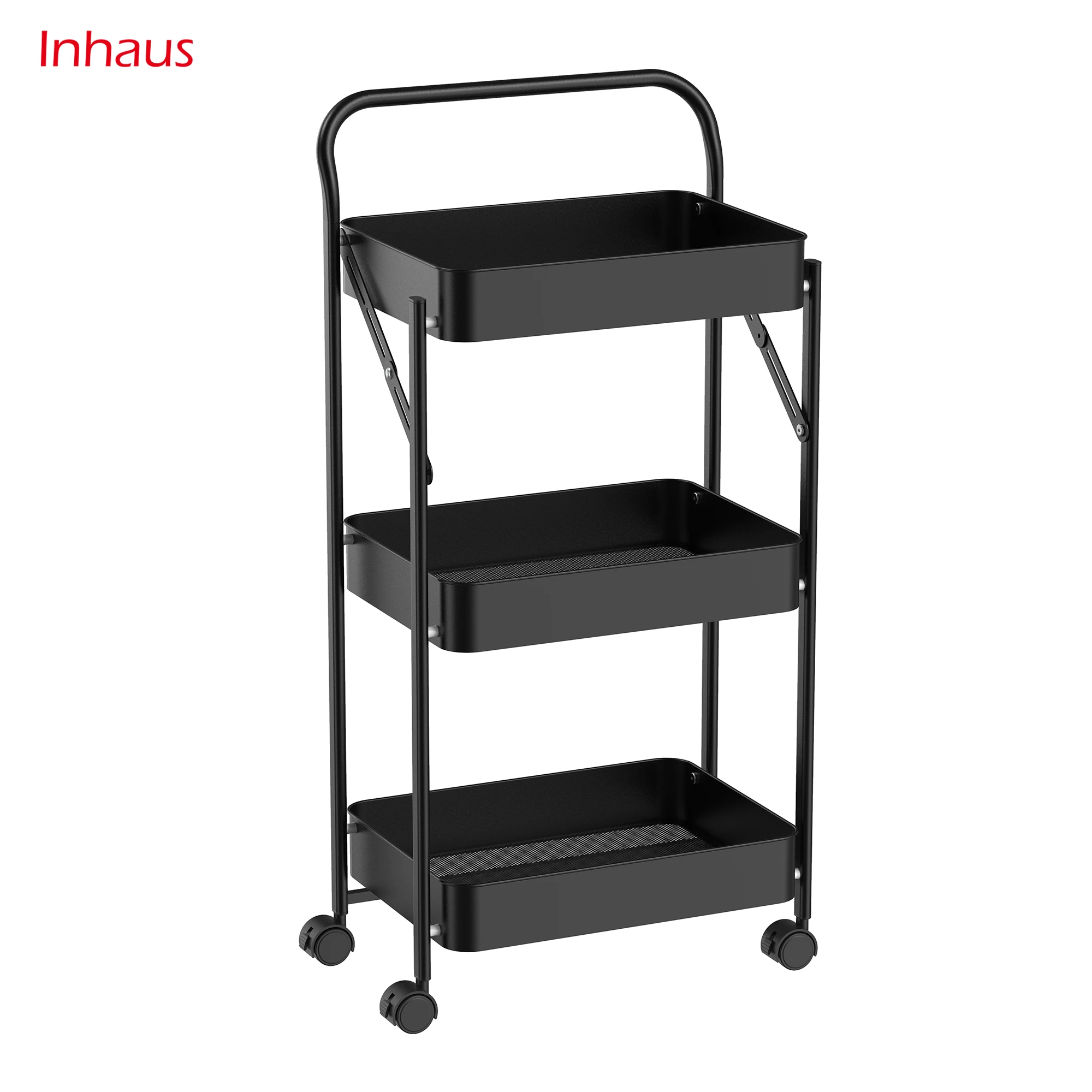 Storage Trolley, 3 Tier Foldable Metal Rolling Organizer Cart with Casters, Mobile Utility Service Cart for Kitchen
