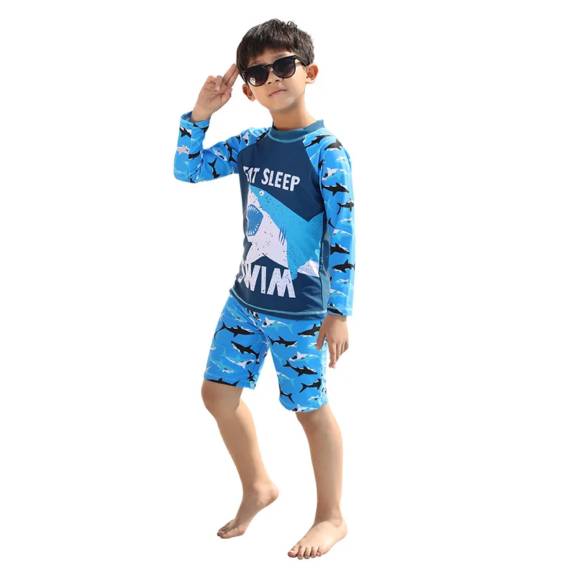 Swimwear two  Pieces UV Protection Swimsuit Kids Long Sleeve Dinosaur Shark Print Summer Beach Pool Swimming Suit for Boys