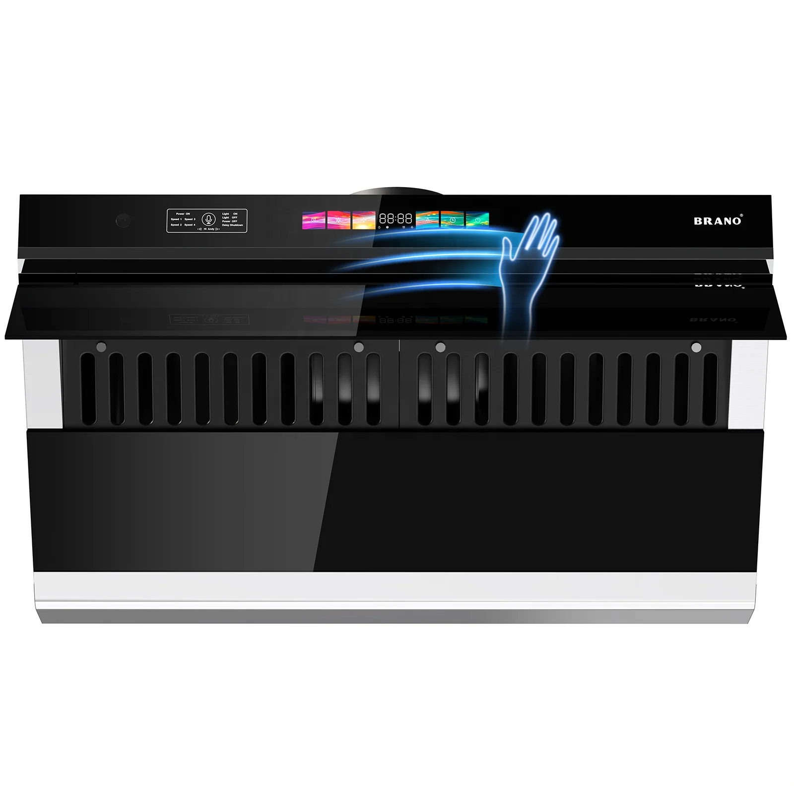 BRANO Multi functional control range hood with unique side design. Range hood under cabinet