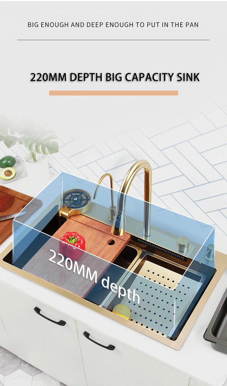 7546 Kitchen WorkStation Gold Washing Basin Modern Multifunctional Handmade Stainless Steel Sink Waterfall Smart Faucet Sinks