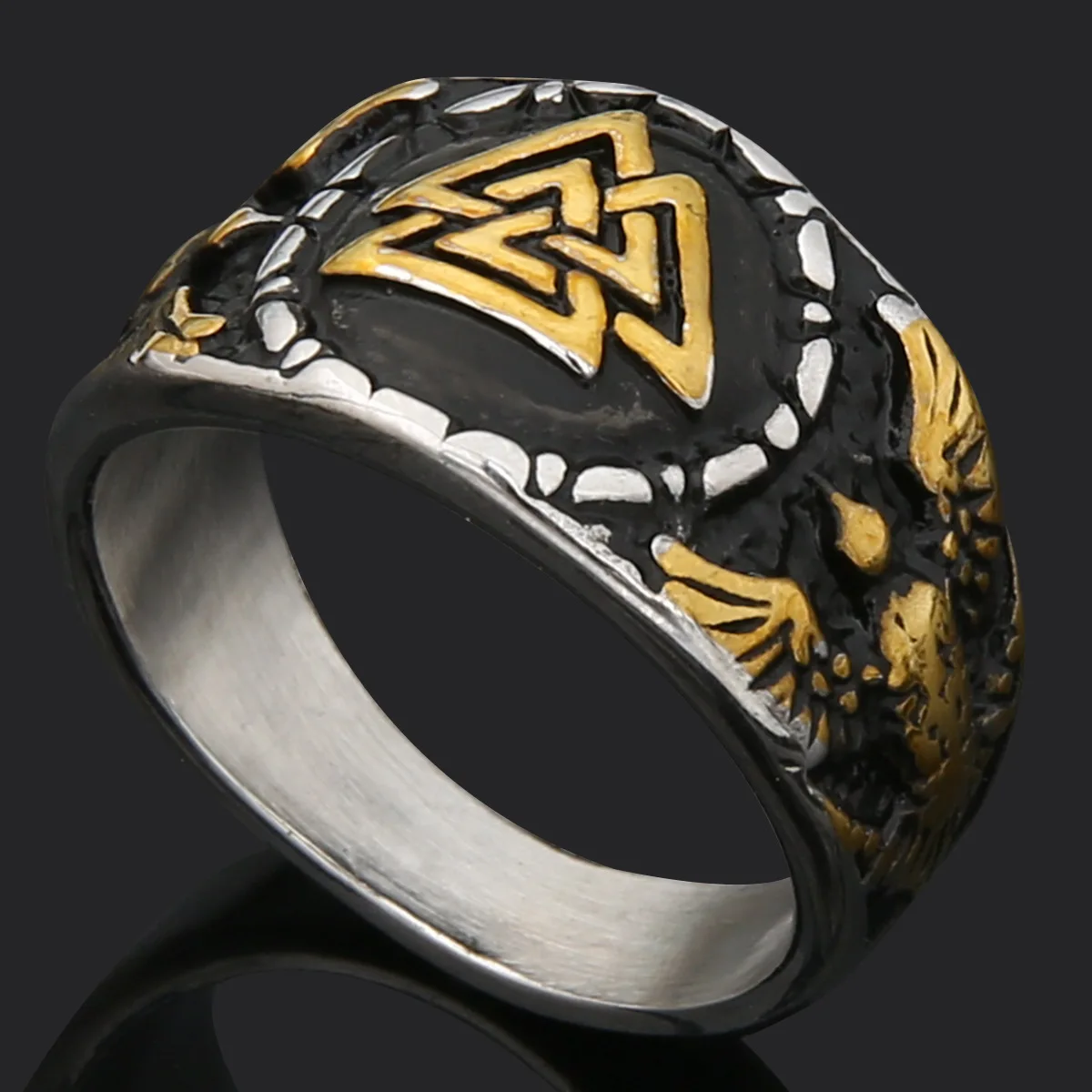Hip Hop Stainless Steel Nordic Celtic Knot Valknut Rune Wolf Head Gold Rings Men Viking