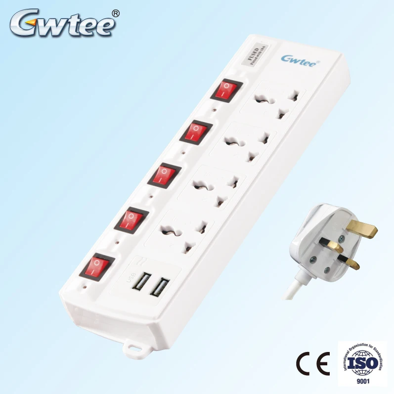 5 gang universal fuse surge protection power electric extension sockets with protector tube