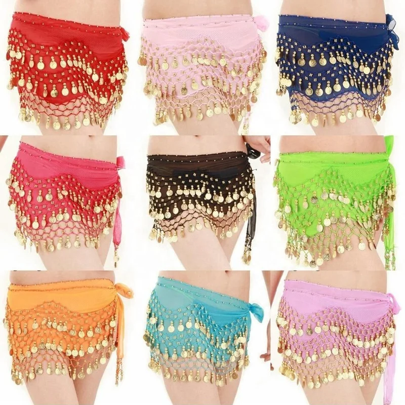 Belly Dance Hip Scarf Skirt Wrap Performance Bling Sequins 128 Coins Belly Dance Costume for Women 10 colors