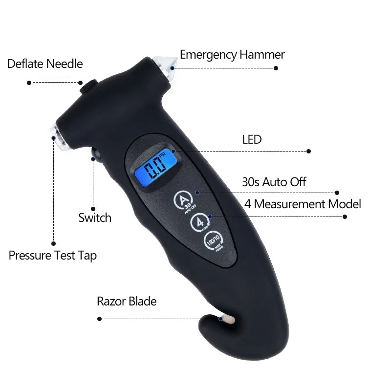 4 Settings Multi Functional Rescue Tool 5 in 1 Digital Tire Pressure Gauge with safety hammer