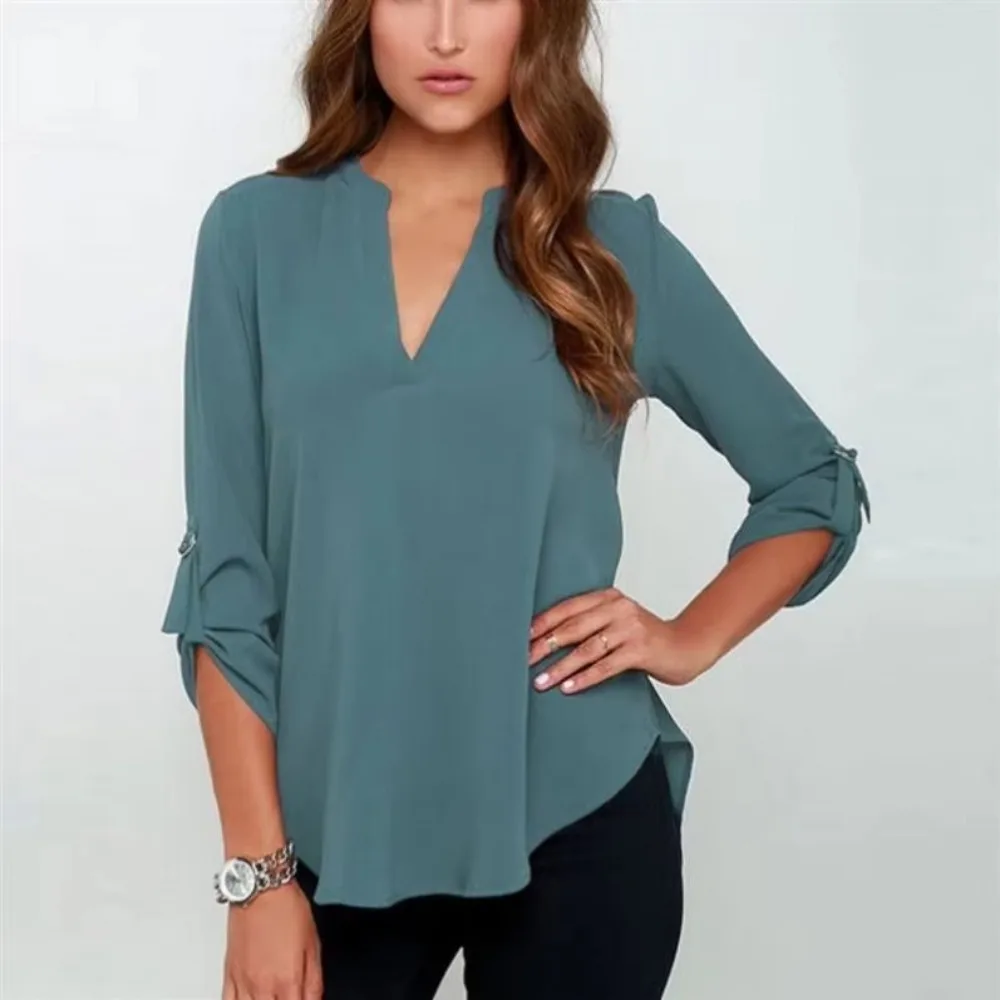 Female Clothes Ladies Short Sleeve Chiffon Tops Shirt Sexy V Neck Solid Women Blouses Casual Tee Shirt Tops