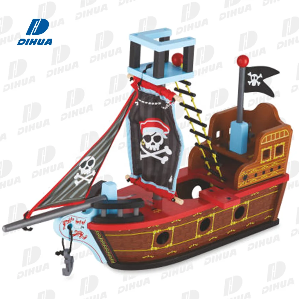 Pirate Play Theme Wooden Toy Boat Customizable Pirate Boat Toy with Figures Simulate Finding Treasures Pretend Role Play Toys