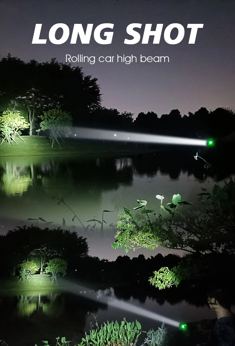 Power bank long range 1500m zoomable 10000 lumen waterproof rechargeable usb led tactical torch light outdoor flashlight