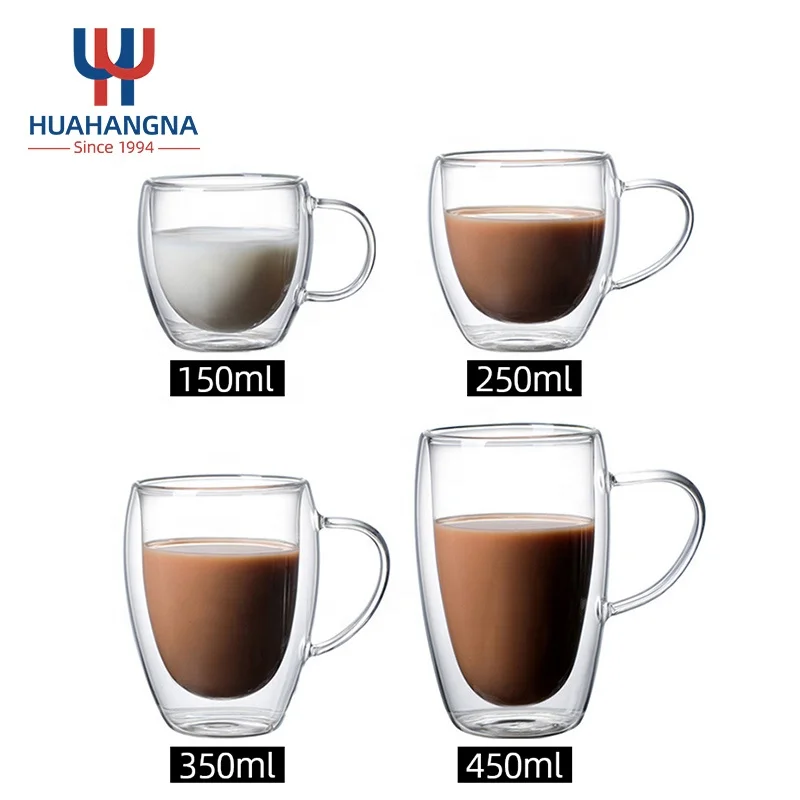 Handblown High Borosilicate Transparent Glass Drinking Mug Double Wall Glass Coffee Cup with Handle