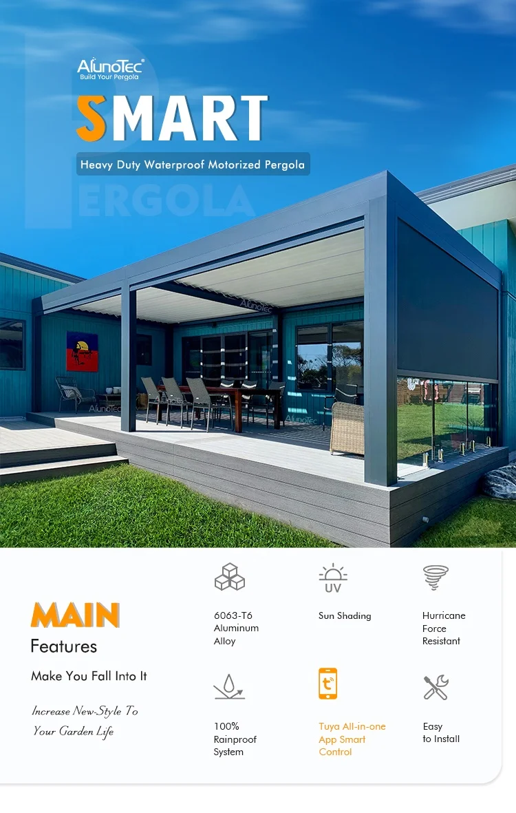 AlunoTec Motorized Garden Shed Bioclimatic Louvre Arches Roof Remote Control Outdoor Pergolas Outdoor Kitchen