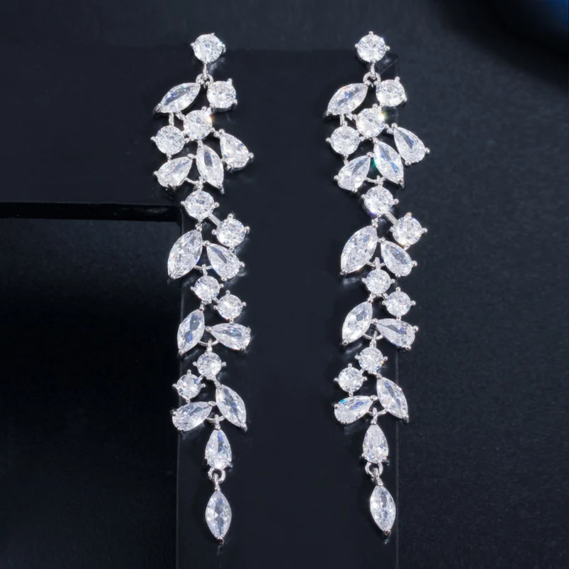 Newest CZ Zirconia Crystal Leaf Long Drop Dangle Earrings for Women Bridal Wedding Jewelry Accessories Gift