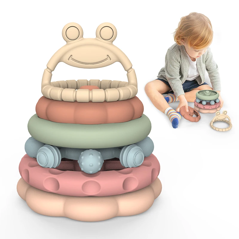 Silicone Stacks of Circles 6 Pcs Soft Teething Toy Set Educational Learning Baby Toy Frog Shape Stacking Ring Toys for Babies