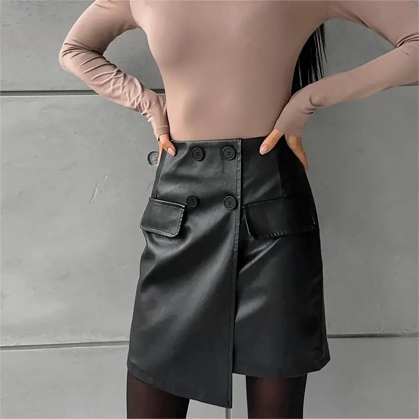 Dummy Pockets Buttoned Back-Zip Fleece-Lined PU Black Wrap Skirt 2024 Fall Faux Leather High Waist Short Mini Skirts For Women