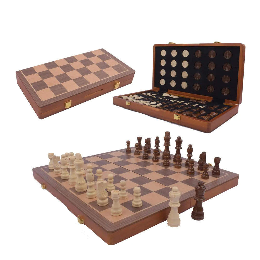 15 Inch 2 in 1 Wooden Folding Chess Games Magnetic Chess and Checkers Board Game Set