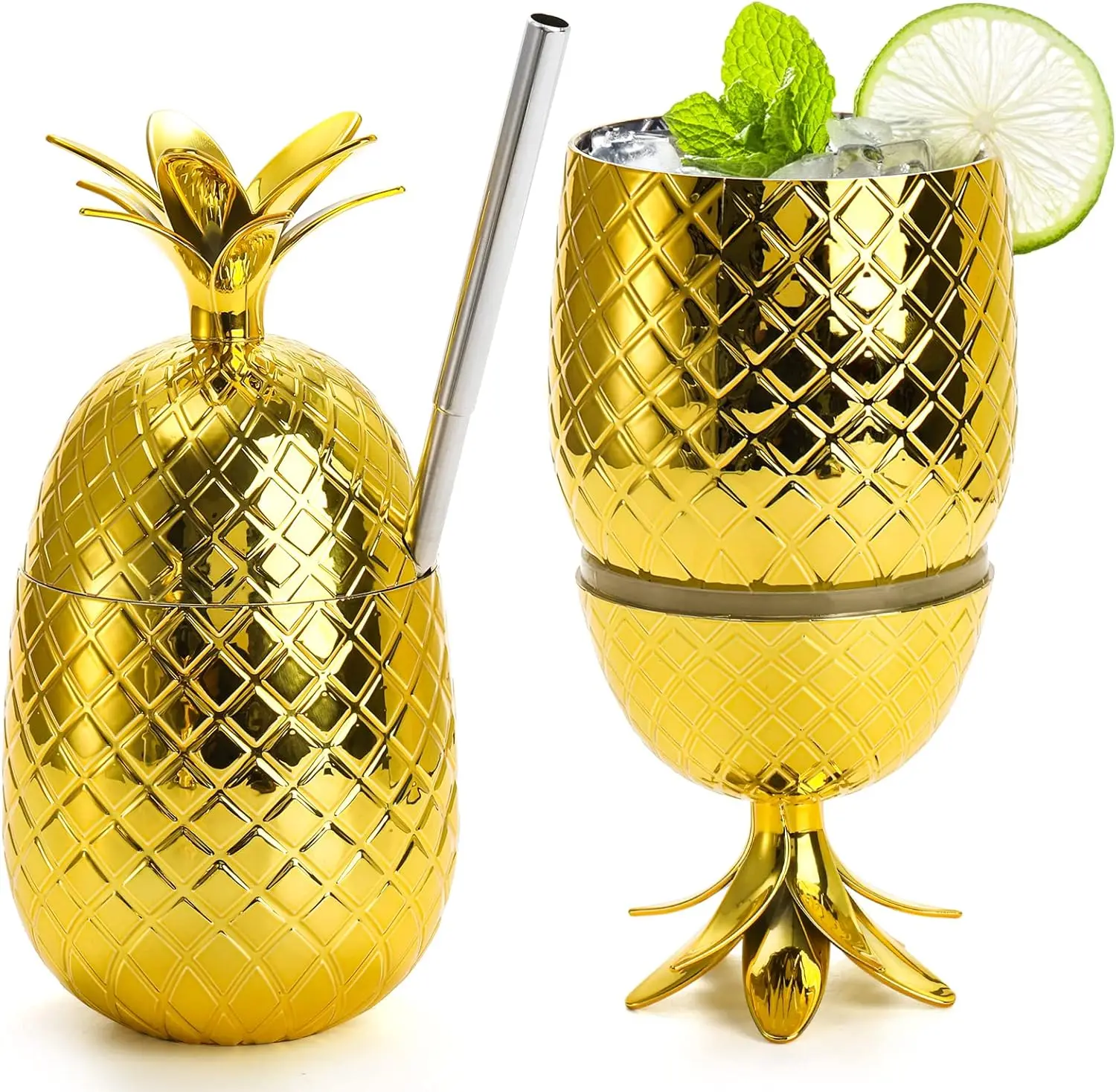 16 OZ Gold Plastic Pineapple Cup with Stretched Straw for Party and Events