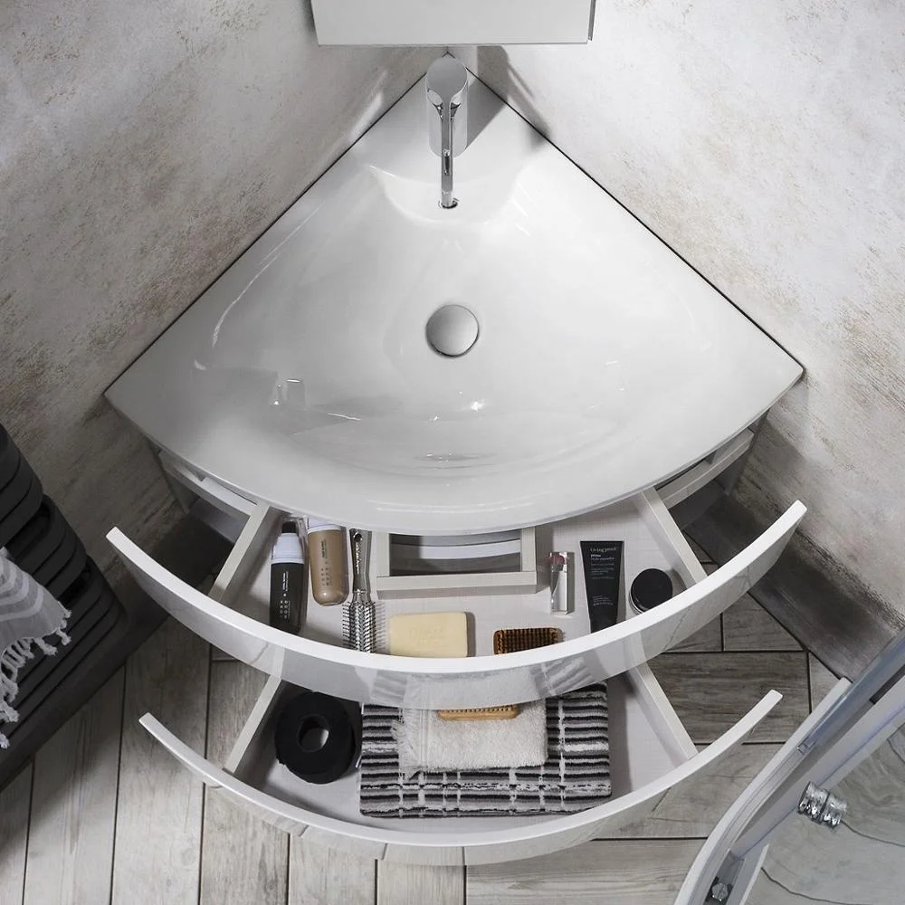White Wall Mounted Curved Front Corner Bathroom Vanity With Drawers