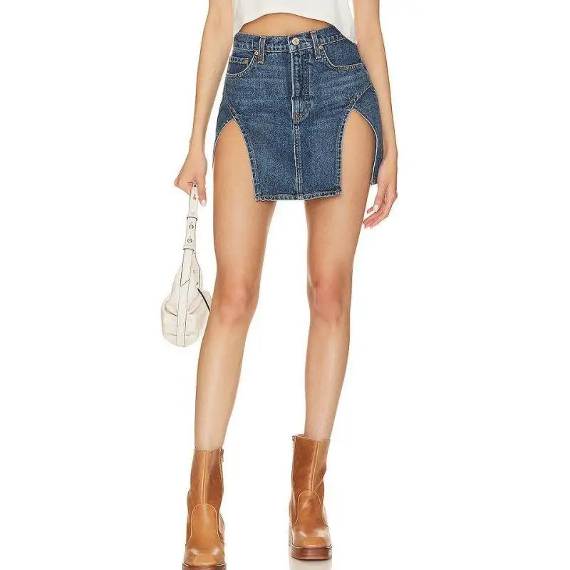 Custom Womens Sexy Mini Denim Skirt Vintage Washed Denim Short Skirt For Women Slit Sexy Denim Mini Skirts
