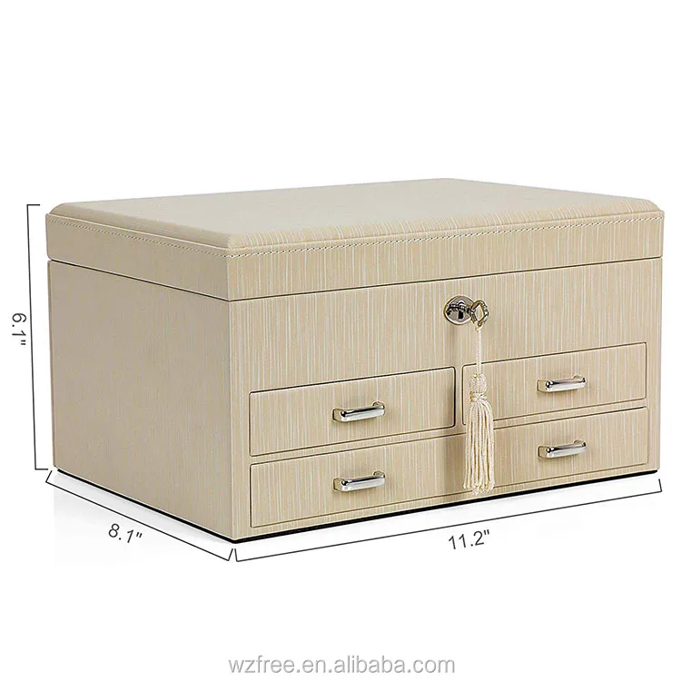 Lockable Jewelry Organizer Fashion Mirror Leather Box 3 Drawers Makeup Case Storage Holders multifunctional portable