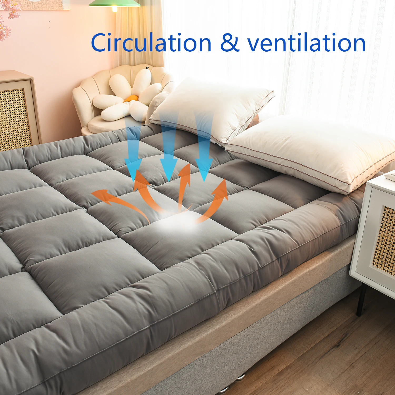 Extra Thick Mattress Pad Cover for Back Pain,Cooling Mattress Protector,Overfilled Down Alternative Filling,Mattress Topper