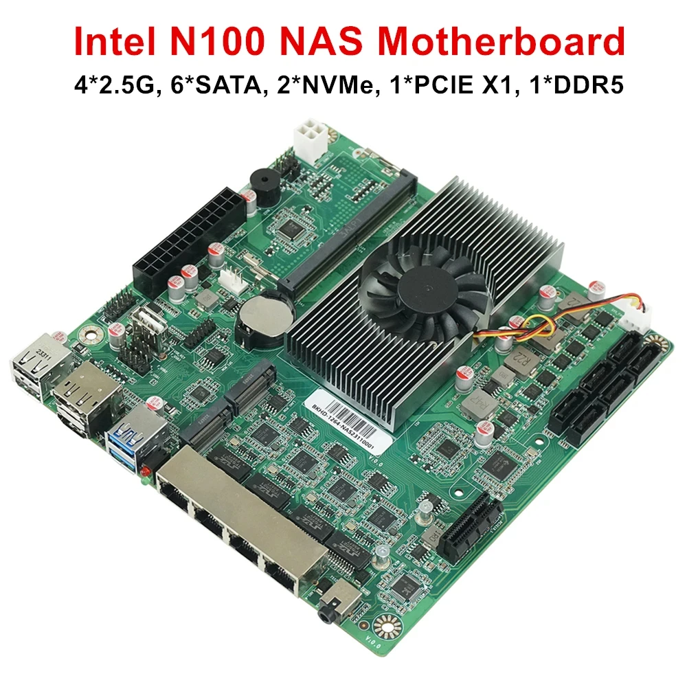12th Gen InteI N100 NAS Motherboard 6-Bay 6*SATA3.0 4*2.5G i226 1*PCIE X1 1*DDR5 4800MHz Soft Routing Firewall ITX Mainboard
