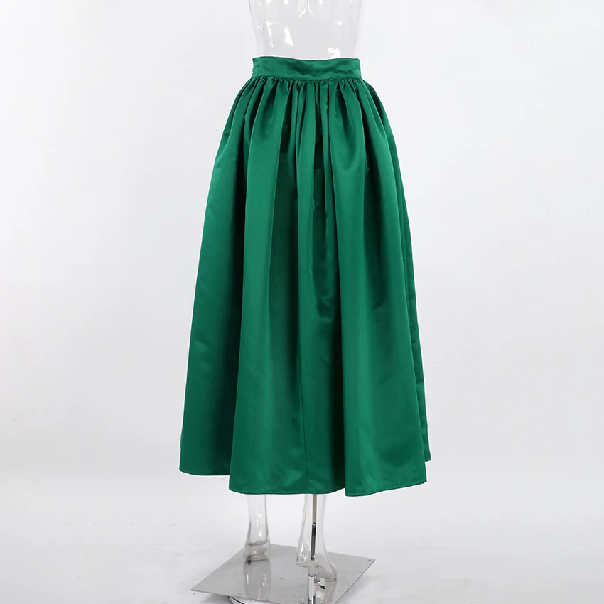 OOTN Autumn Pleated Long Skirt Female Vintage Chic Women Fashion White Party Midi Skirt Elegant Loose Green Skirts