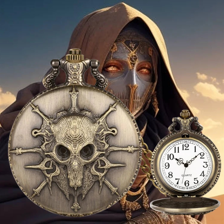 Warlock Design Antique Steampunk Analog Clock Movement Quartz Pocket Watch With Chain for Dungeons and Dragons DnD Player Gift