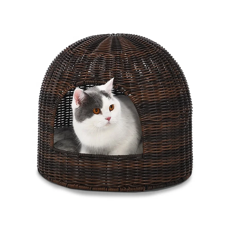 Modern Stylish Design Pet Furniture Washable Cat Cave Round House Artificial Rattan Wicker Cat Bed
