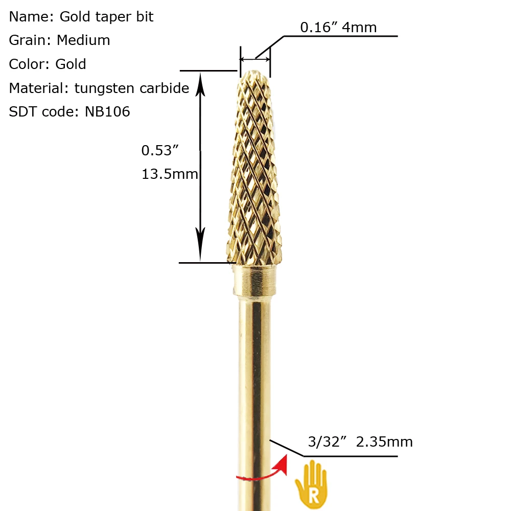 Gold taper shape rotary drill bit electric nail file and buffer for acrylic