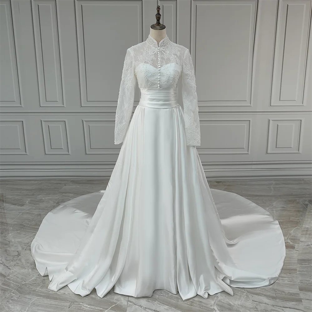 100% Real Photos Muslim Dubai High Neck Long Illusion Sleeves A-line Wedding Dress With Pearls Beaded Lace Bride Gown For Women