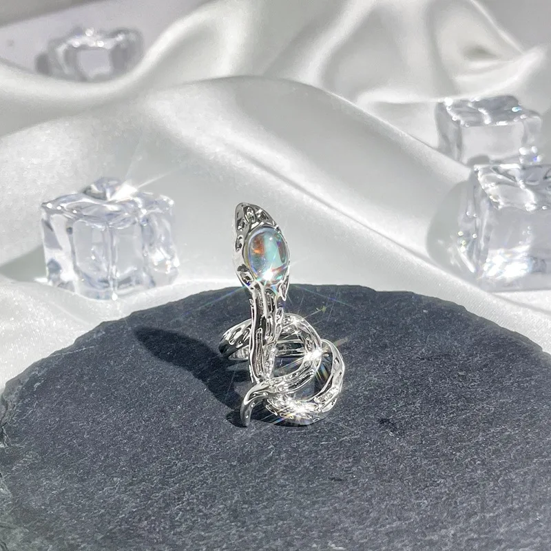 DAIHE Fashion 2024 New Gemstone Snake Ring Adjustable Open Crystal Zircon Moonstone Rings