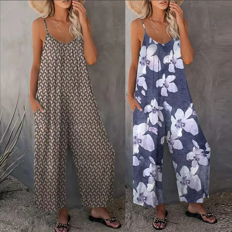 Customize Fashion Jumpsuits One Piece Romper Long Pant Play suits Sling Jumpsuits Women Hawaiian Jumpsuit