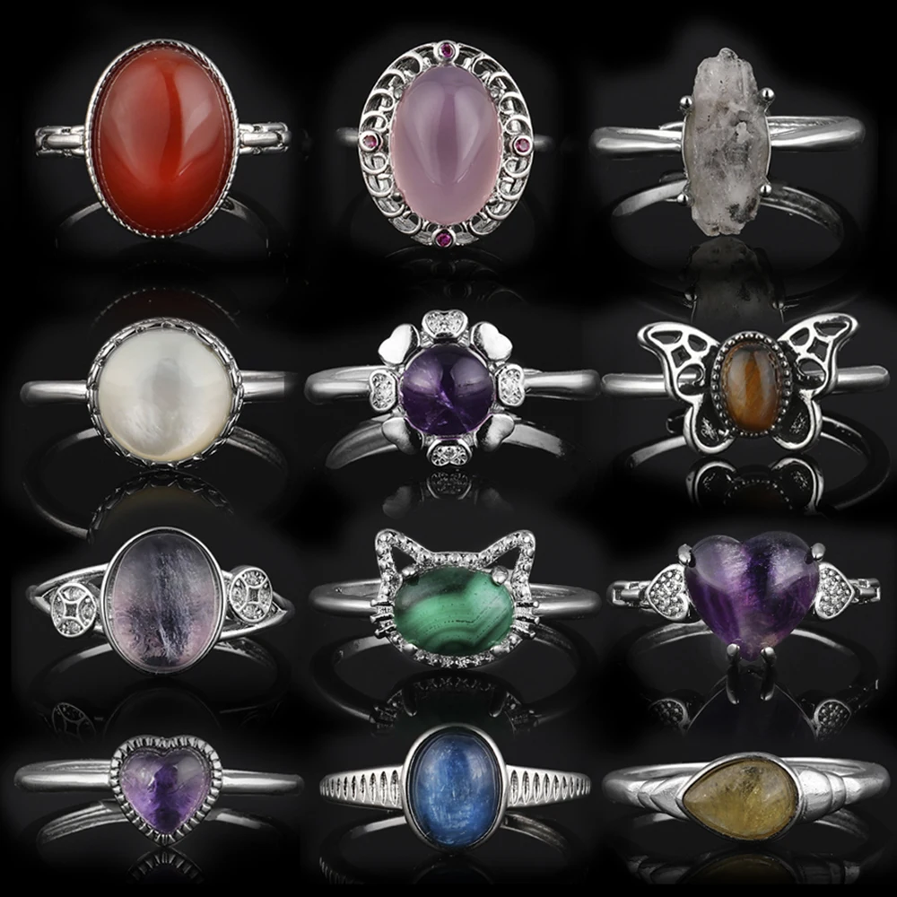 100% Natural Fluorite Heart Amethyst Malachite Red Agate Pearl Stone Ring for Women Crystal Quartz Gemstone Adjustable Ring