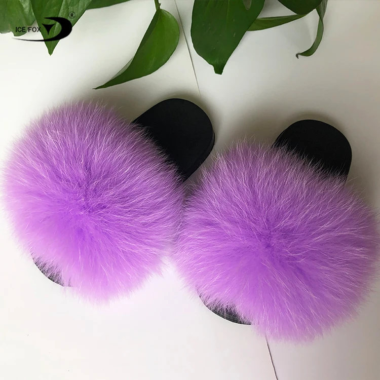 Factory wholesale non slip fur slides kids rainbow fur slippers little girls kids fox fur slippers